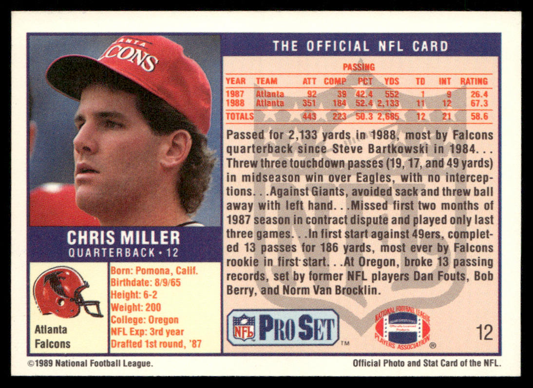 Chris Miller 1989 Pro Set #12 RC Atlanta Falcons