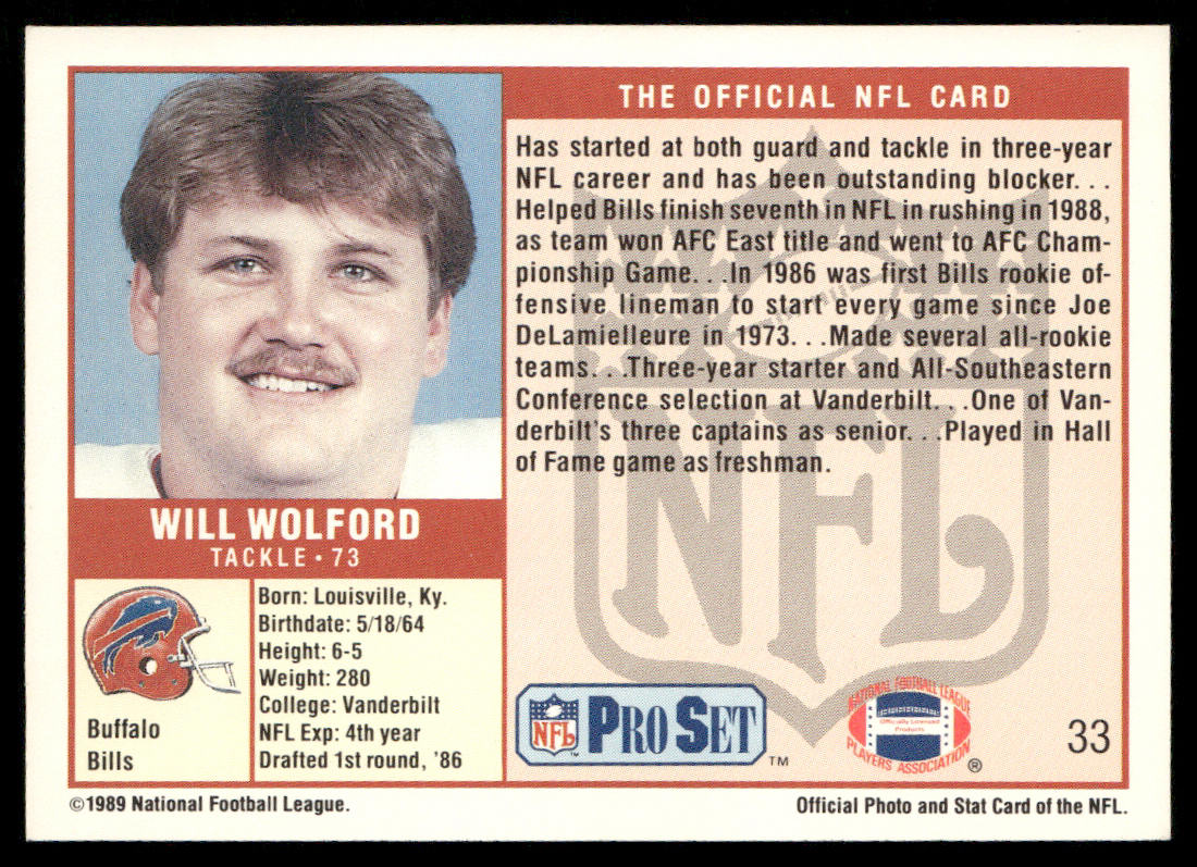 Will Wolford 1989 Pro Set #33 RC Buffalo Bills