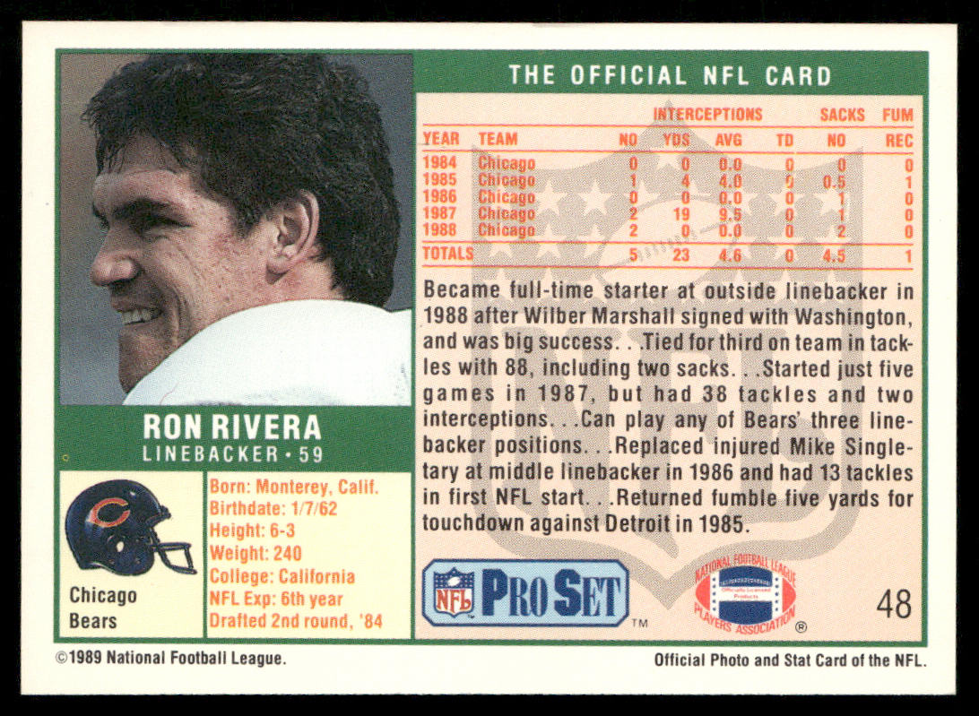 Ron Rivera 1989 Pro Set #48 Chicago Bears
