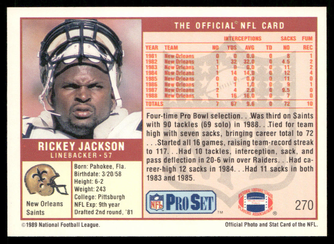 Rickey Jackson 1989 Pro Set #270 New Orleans Saints