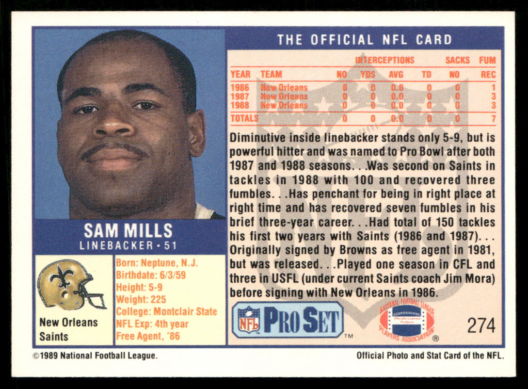 Sam Mills 1989 Pro Set #274 New Orleans Saints
