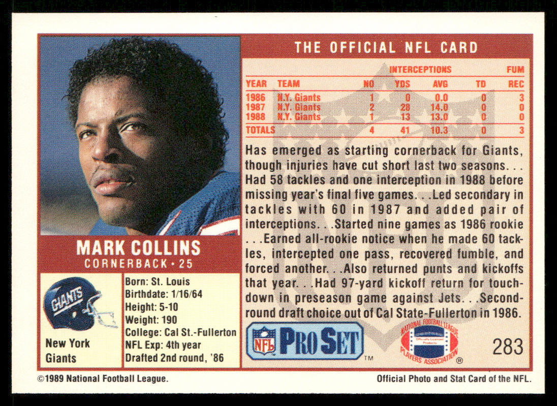 Mark Collins 1989 Pro Set #283 RC New York Giants