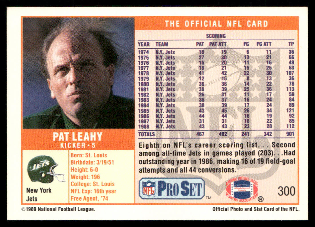 Pat Leahy 1989 Pro Set #300 New York Jets