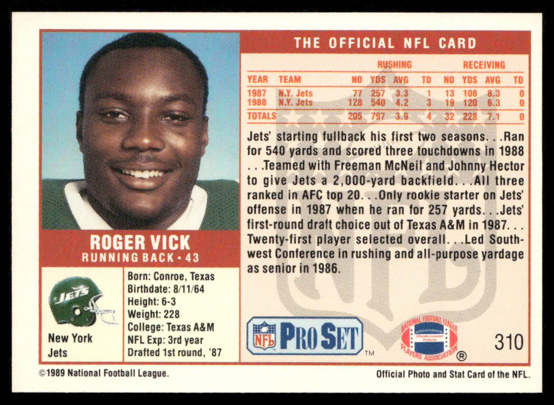 Roger Vick 1989 Pro Set #310 New York Jets