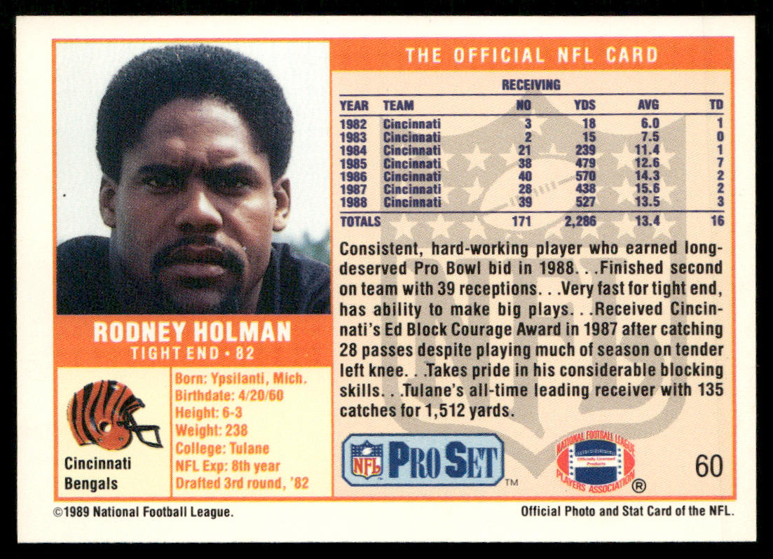 Rodney Holman 1989 Pro Set #60a RC BENGALS in all caps on front Bengals