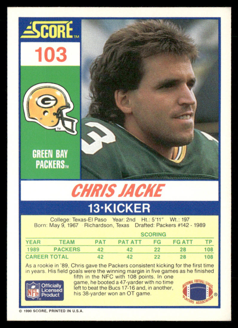 Chris Jacke 1990 Score #103 RC Green Bay Packers