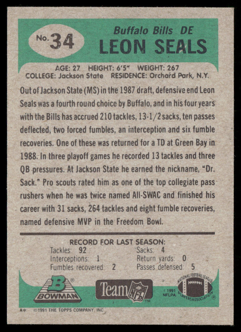 Leon Seals 1991 Bowman #34 Buffalo Bills