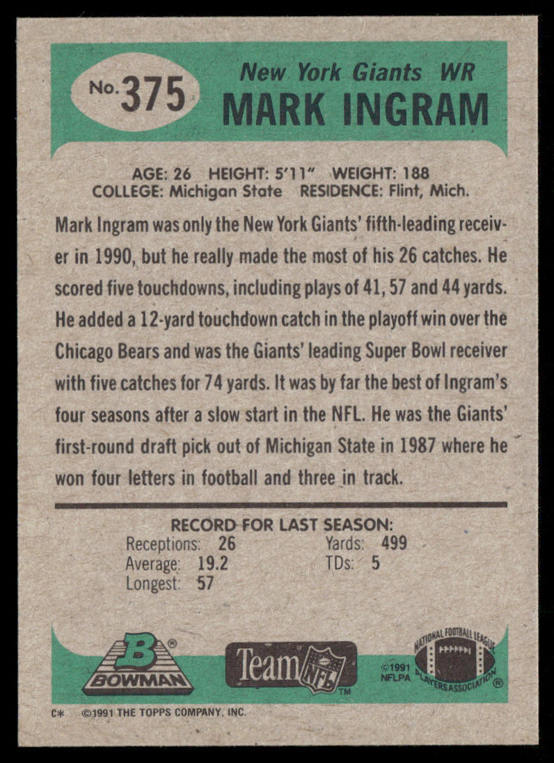 Mark Ingram 1991 Bowman #375 New York Giants