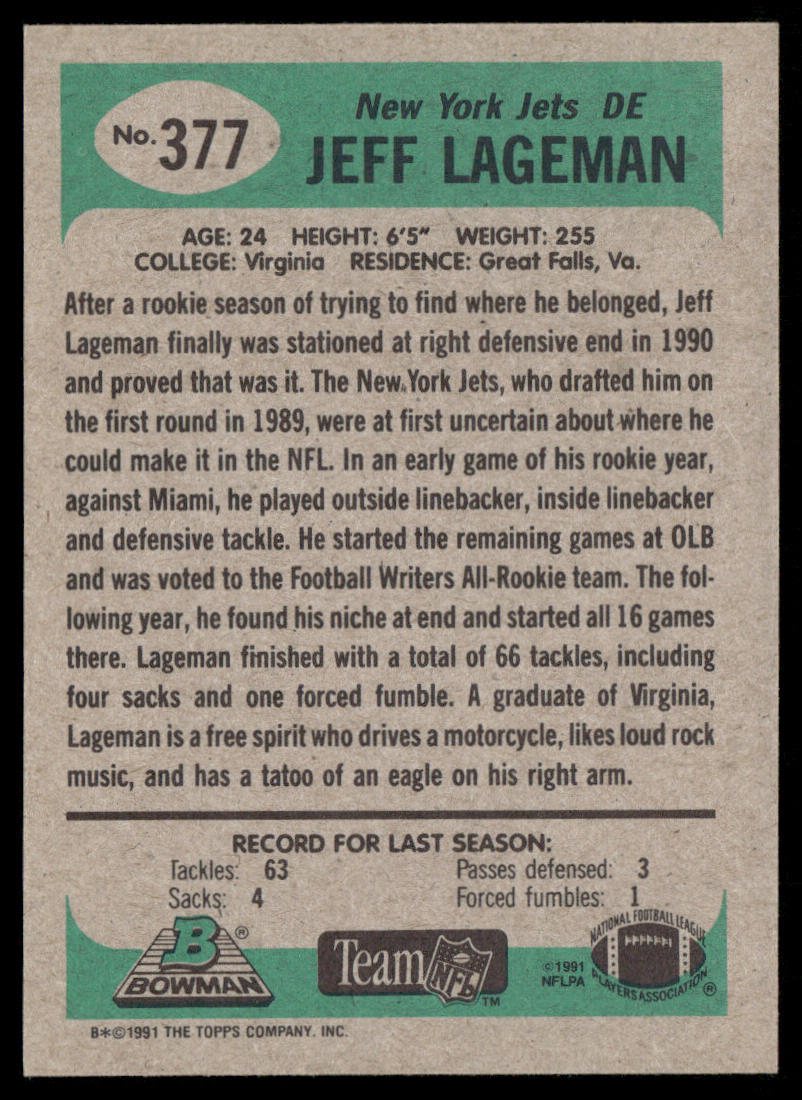 Jeff Lageman 1991 Bowman #377 New York Jets