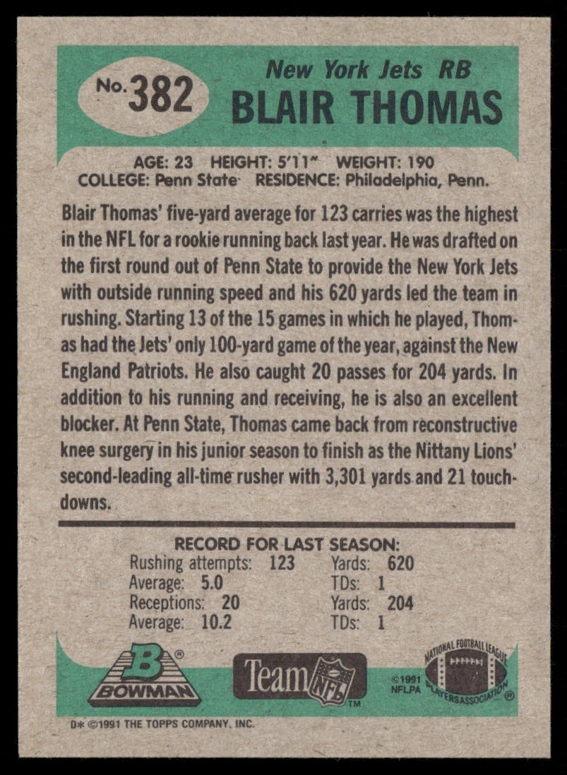 Blair Thomas 1991 Bowman #382 New York Jets