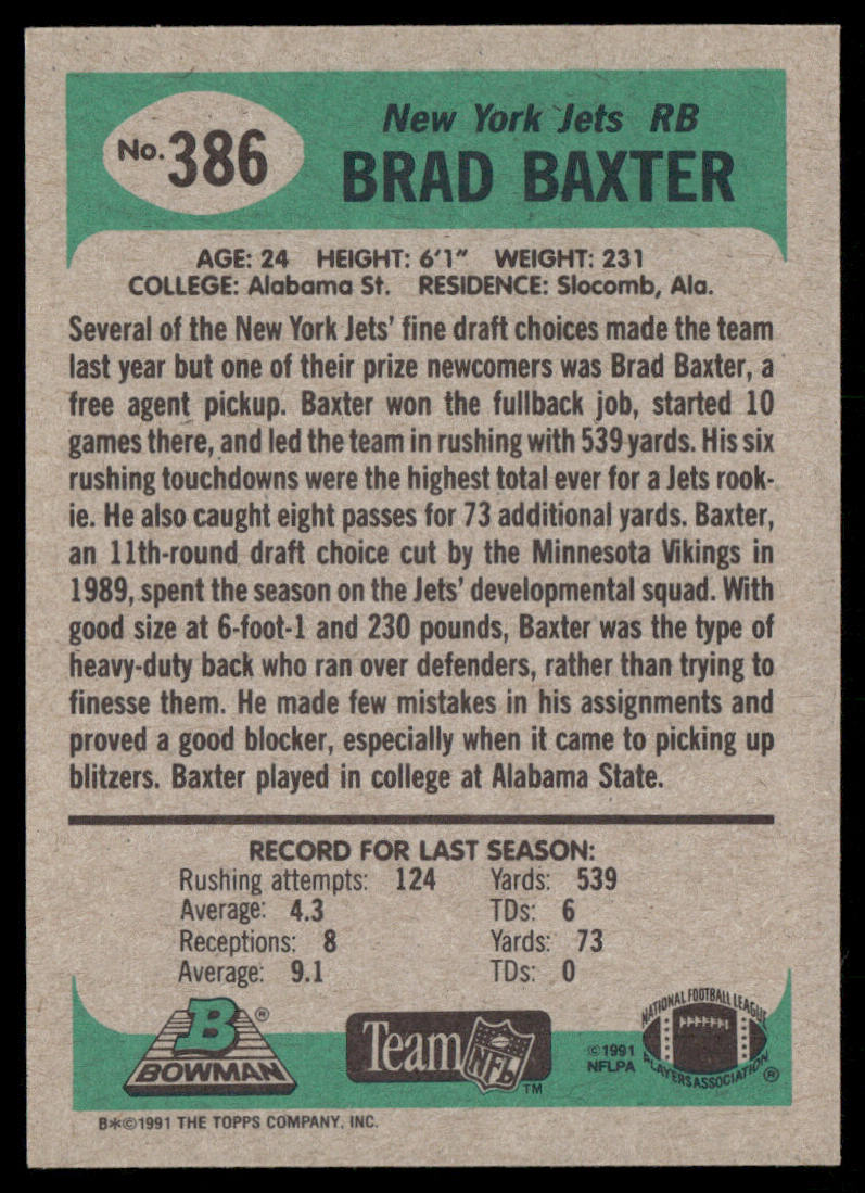 Brad Baxter 1991 Bowman #386 New York Jets