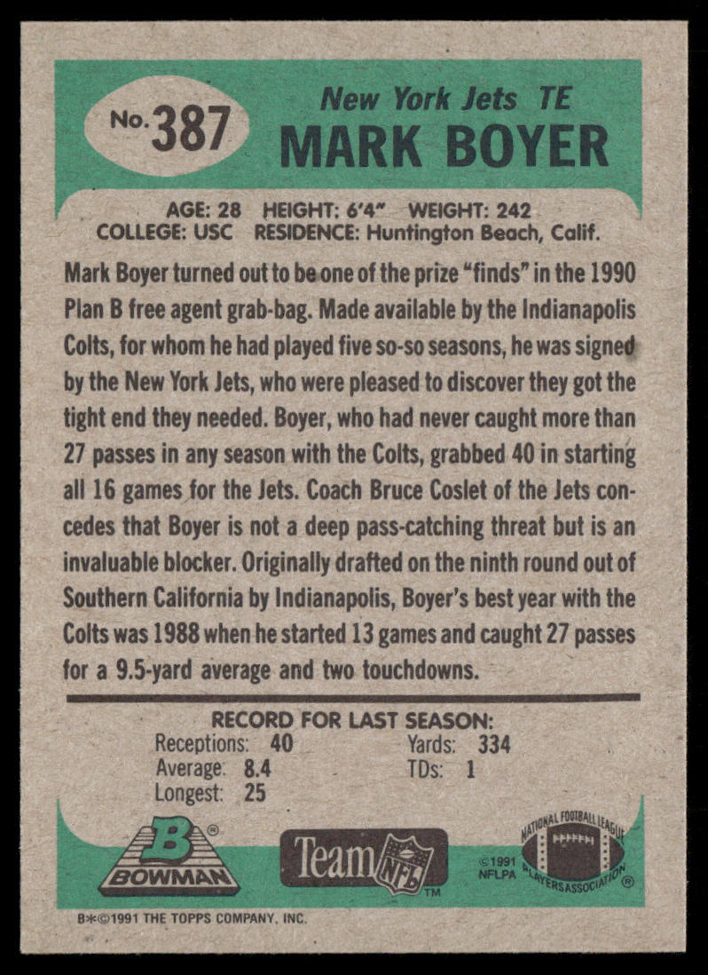 Mark Boyer 1991 Bowman #387 New York Jets