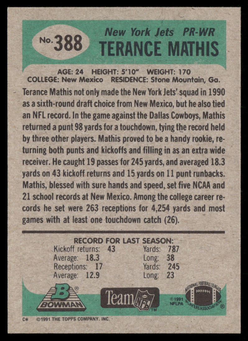 Terance Mathis 1991 Bowman #388 New York Jets