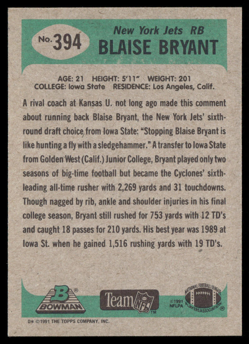 Blaise Bryant 1991 Bowman #394 RC New York Jets