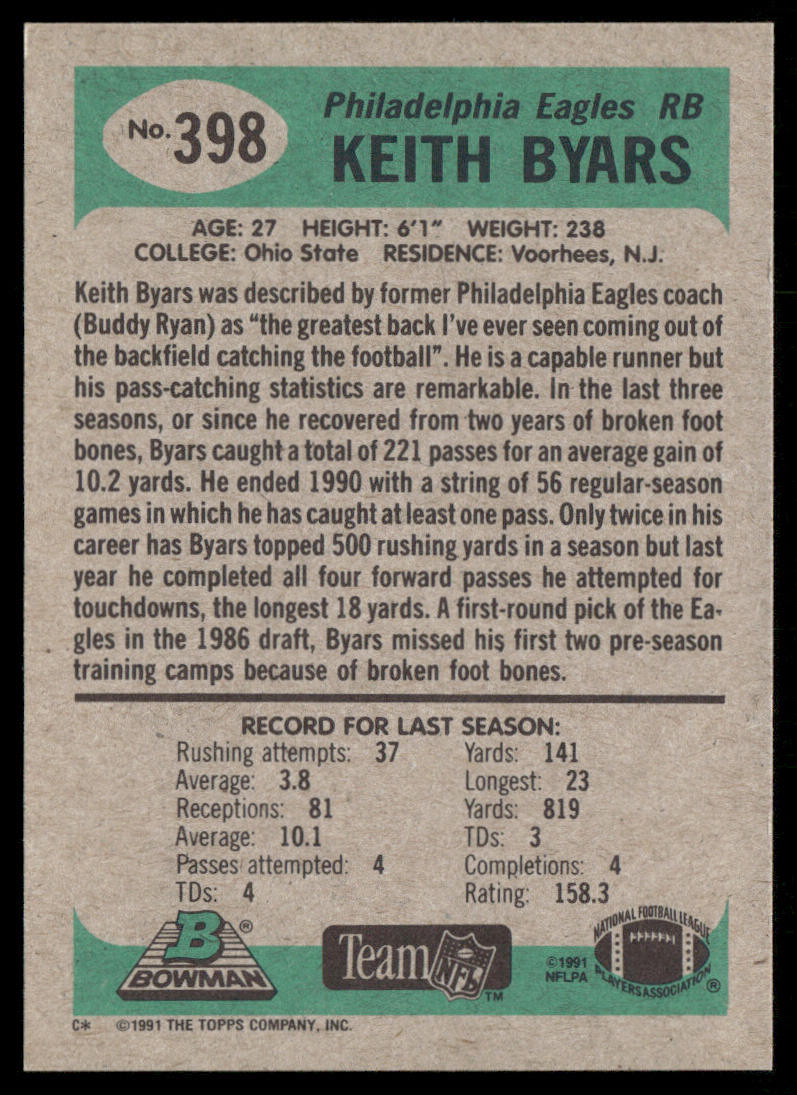 Keith Byars 1991 Bowman #398 Philadelphia Eagles