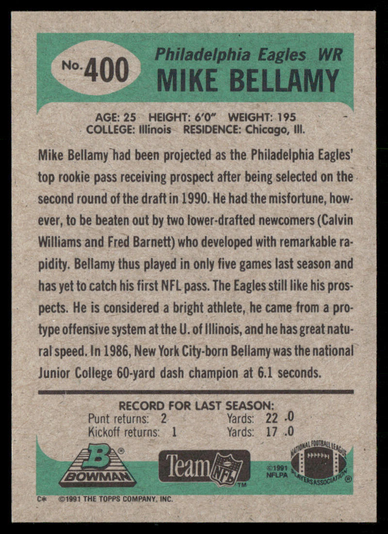 Mike Bellamy 1991 Bowman #400 Philadelphia Eagles