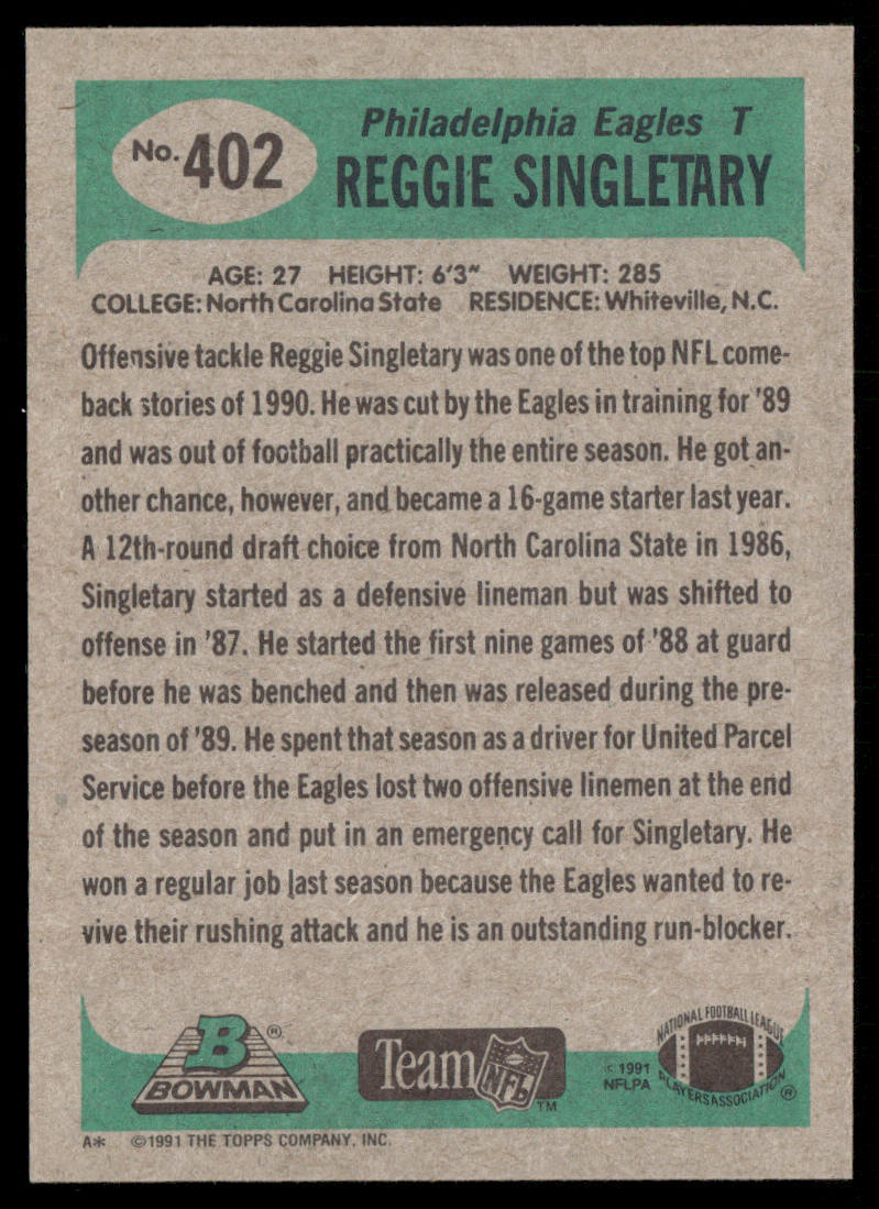 Reggie Singletary 1991 Bowman #402 RC Philadelphia Eagles