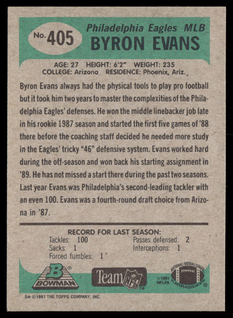 Byron Evans 1991 Bowman #405 Philadelphia Eagles