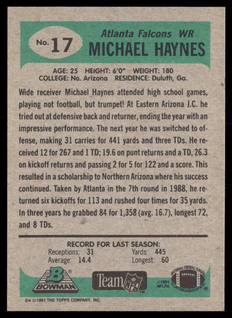 Michael Haynes 1991 Bowman #17 Atlanta Falcons
