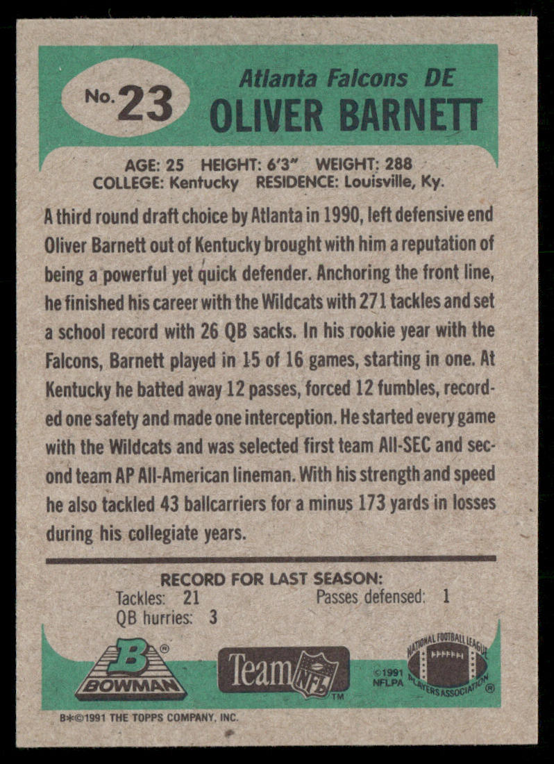 Oliver Barnett 1991 Bowman #23 Atlanta Falcons