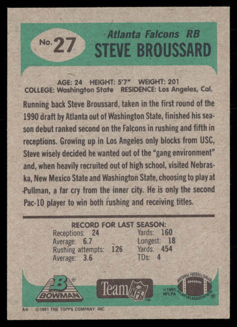 Steve Broussard 1991 Bowman #27 Atlanta Falcons