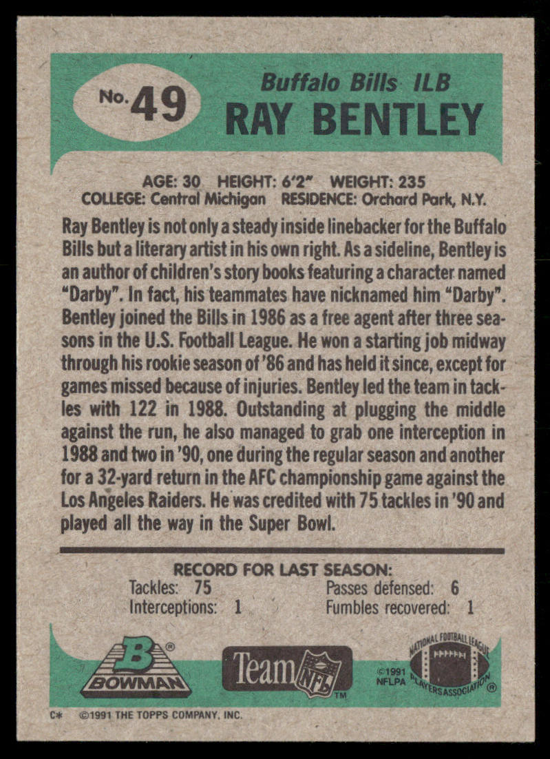 Ray Bentley 1991 Bowman #49 Buffalo Bills