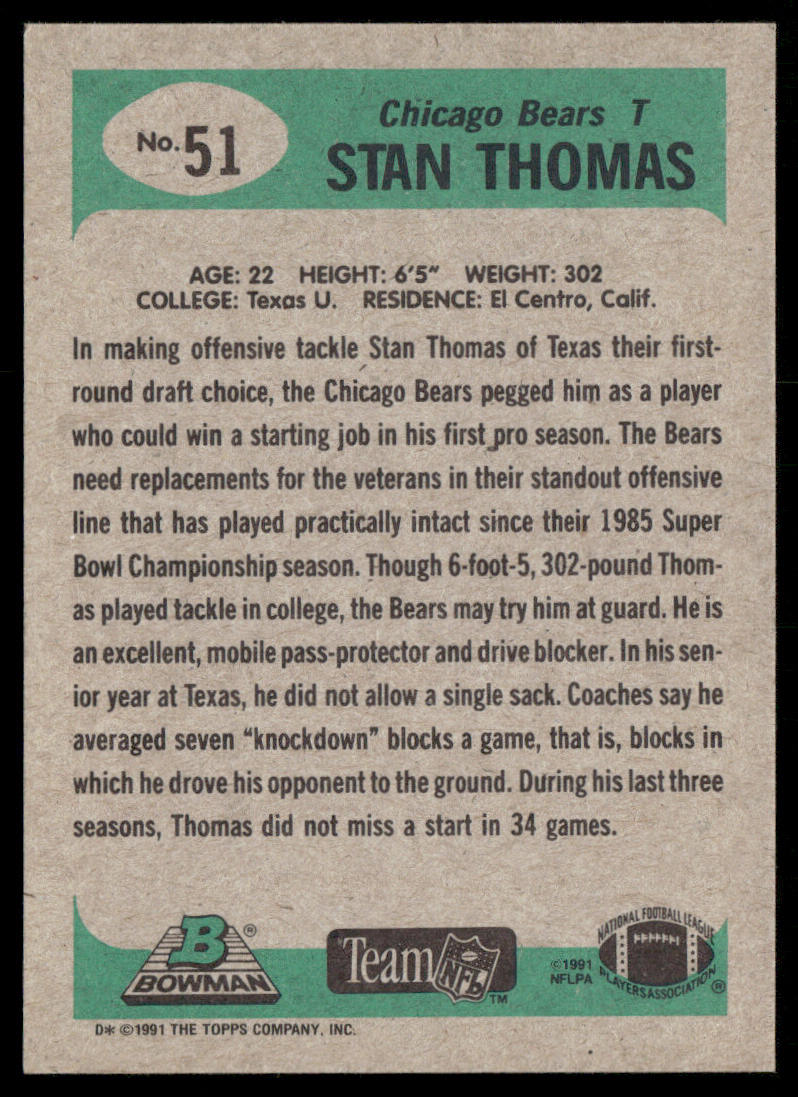 Stan Thomas 1991 Bowman #51 RC Chicago Bears