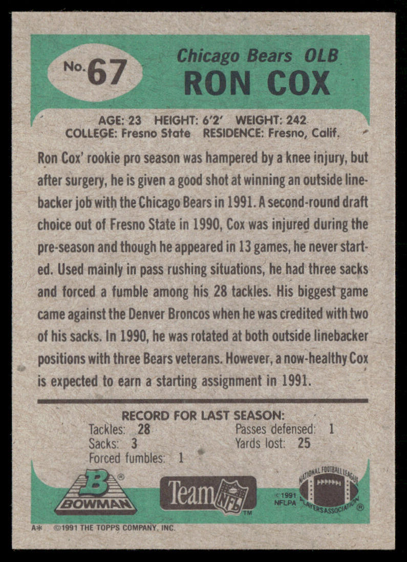 Ron Cox 1991 Bowman #67 Chicago Bears