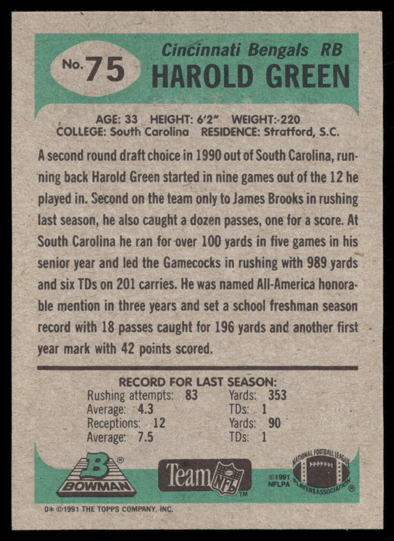 Harold Green 1991 Bowman #75 Cincinnati Bengals