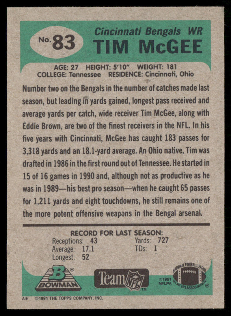 Tim McGee 1991 Bowman #83 Cincinnati Bengals