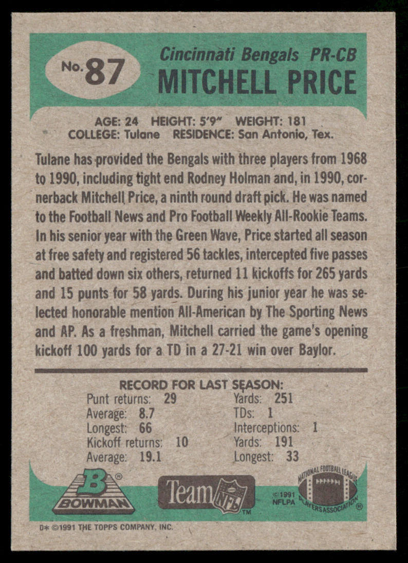Mitchell Price 1991 Bowman #87 RC Cincinnati Bengals