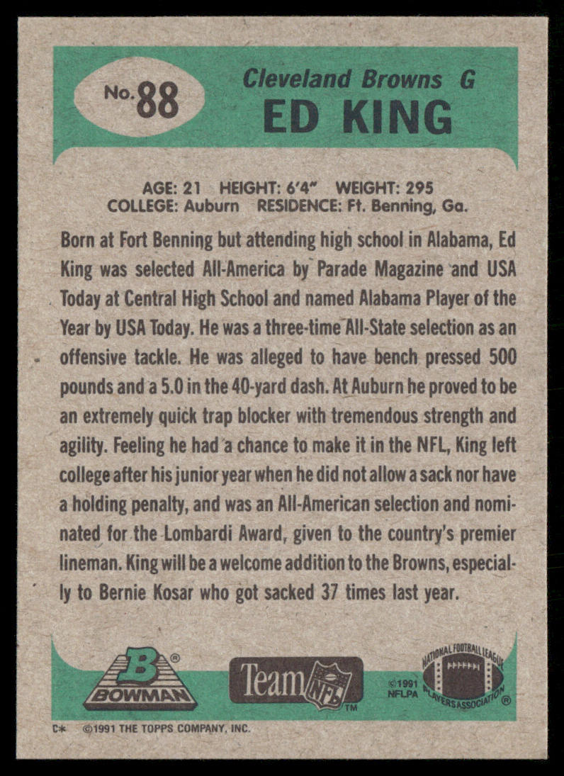 Ed King 1991 Bowman #88 RC Cleveland Browns