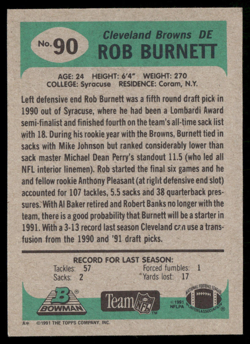 Rob Burnett 1991 Bowman #90 RC Cleveland Browns