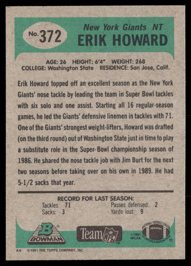 Erik Howard 1991 Bowman #372 New York Giants