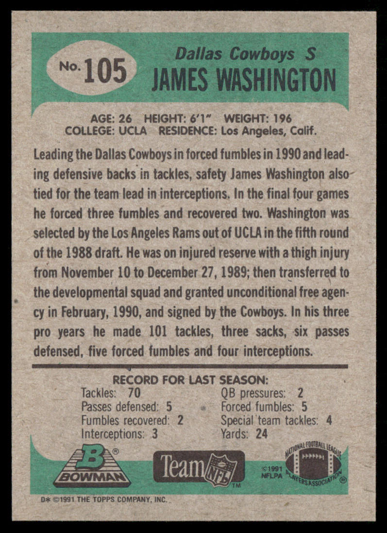 James Washington 1991 Bowman #105 RC Dallas Cowboys