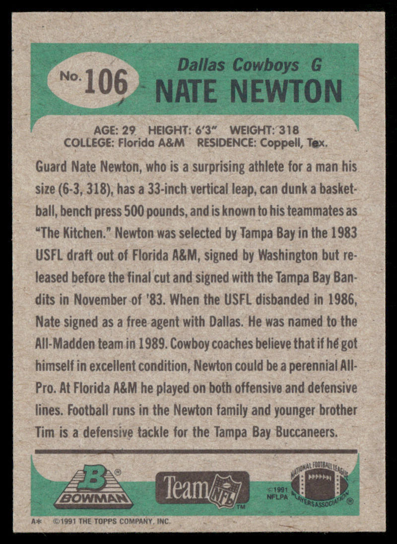 Nate Newton 1991 Bowman #106 Dallas Cowboys