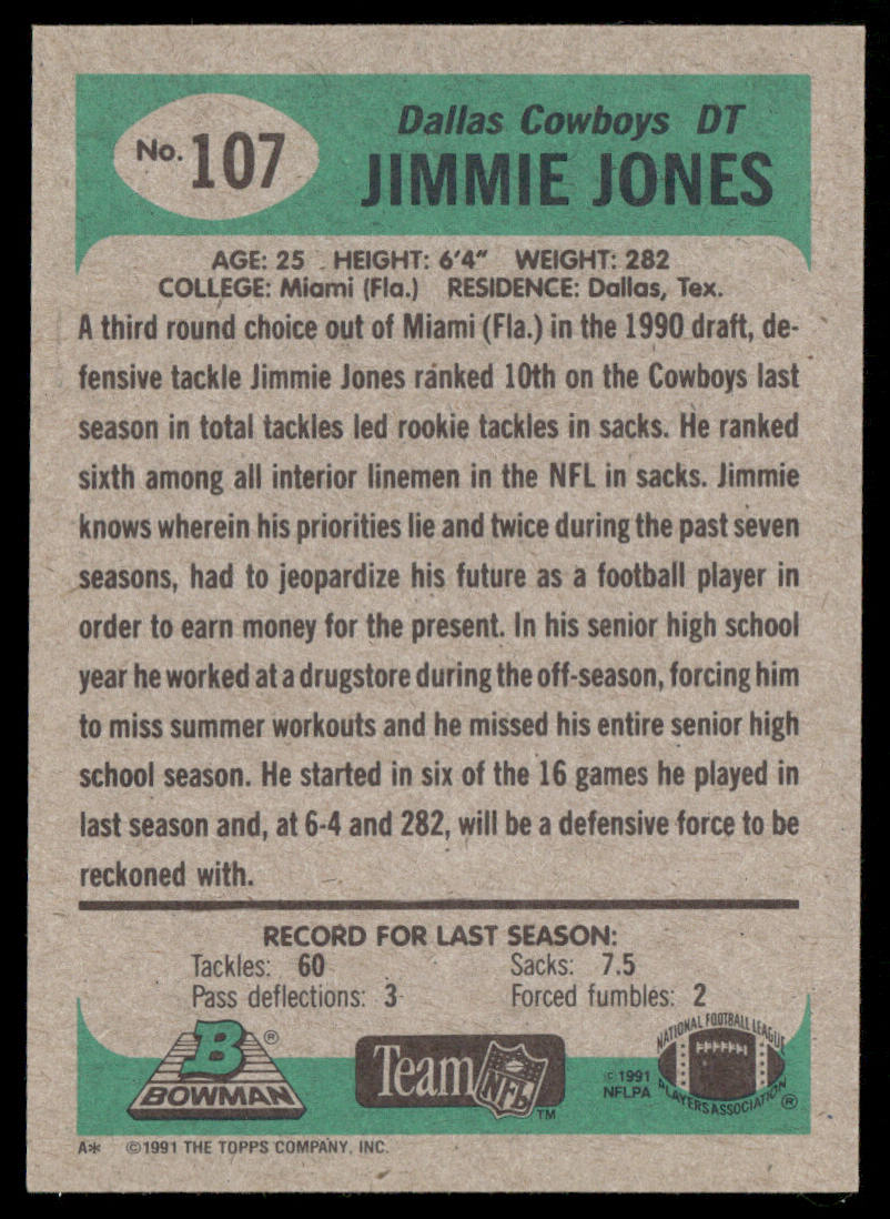 Jimmie Jones 1991 Bowman #107 Dallas Cowboys