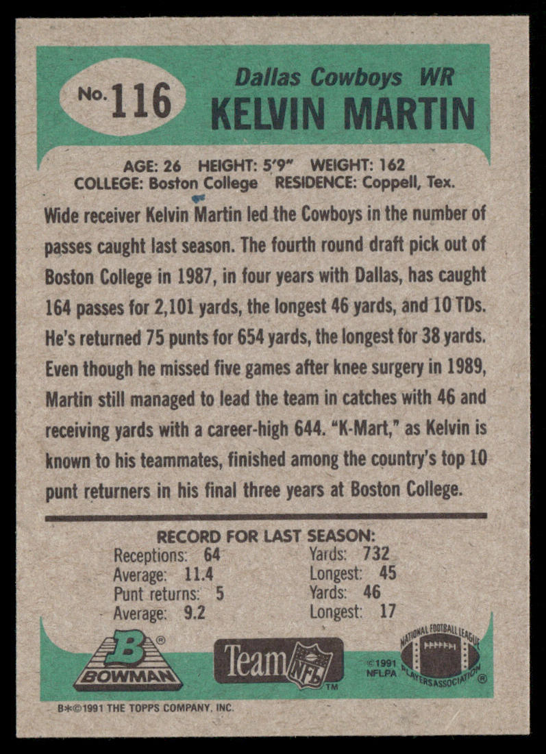 Kelvin Martin 1991 Bowman #116 Dallas Cowboys