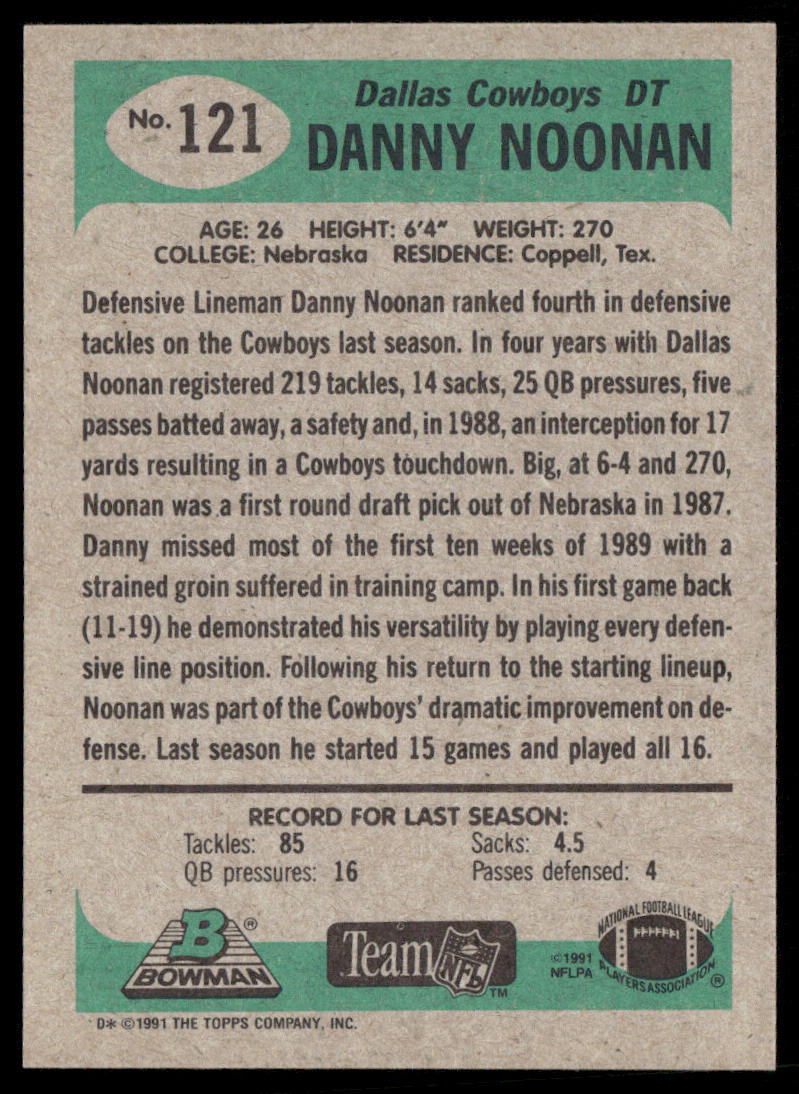 Danny Noonan 1991 Bowman #121 Dallas Cowboys
