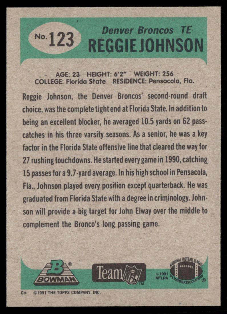 Reggie Johnson 1991 Bowman #123 RC Denver Broncos