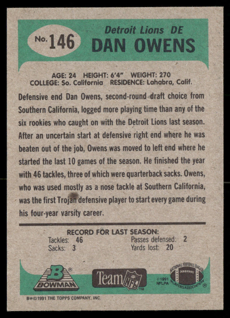 Dan Owens 1991 Bowman #146 Detroit Lions