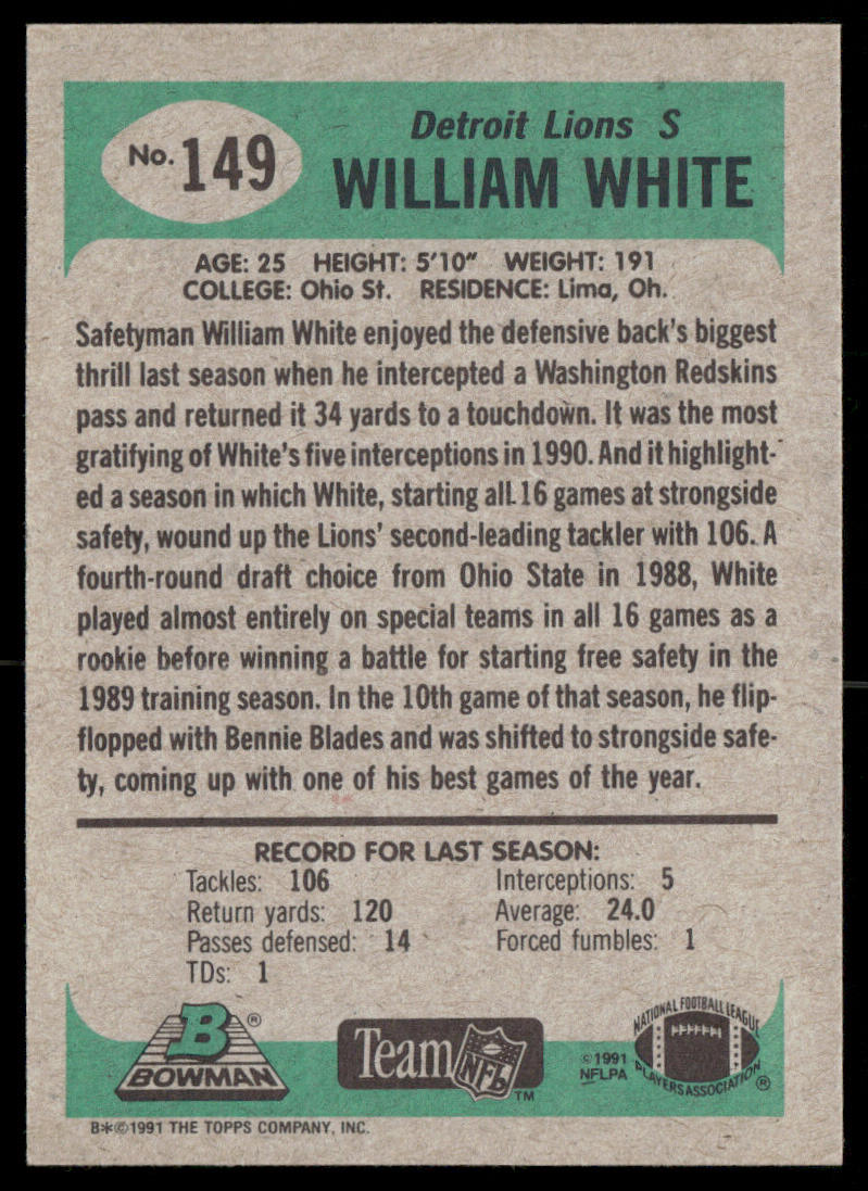 William White 1991 Bowman #149 Detroit Lions