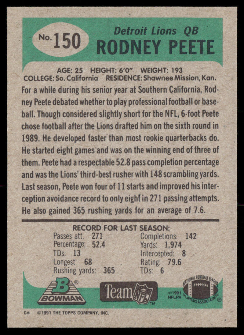 Rodney Peete 1991 Bowman #150 Detroit Lions