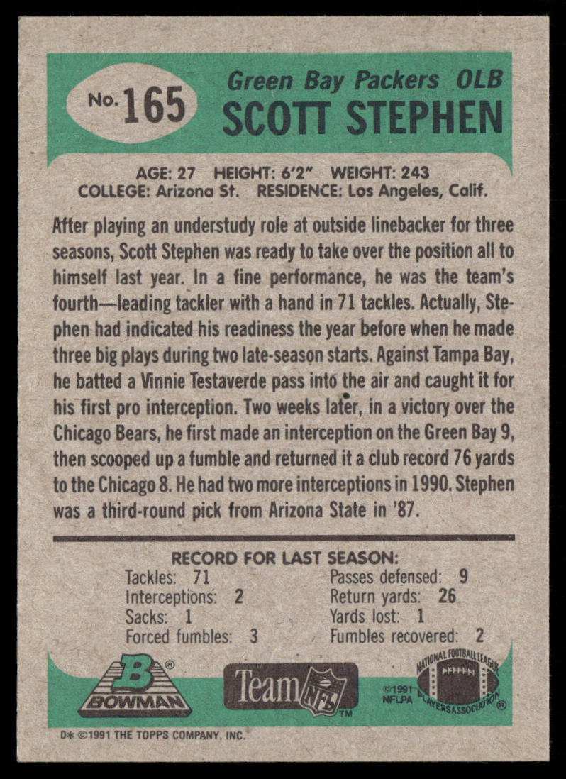 Scott Stephen 1991 Bowman #165 RC Green Bay Packers