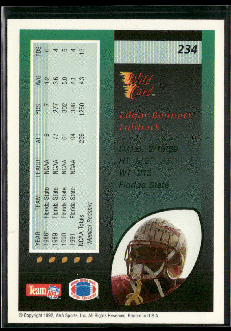 Edgar Bennett 1992 Wild Card #234 RC Green Bay Packers