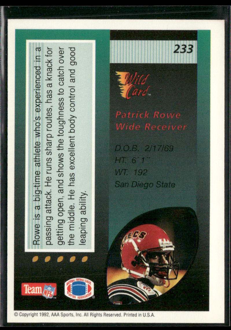 Patrick Rowe 1992 Wild Card #233 RC Cleveland Browns