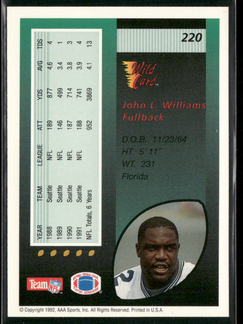 John L. Williams 1992 Wild Card #220 Seattle Seahawks
