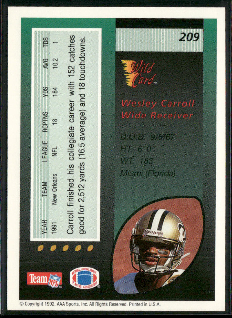 Wesley Carroll 1992 Wild Card #209 New Orleans Saints