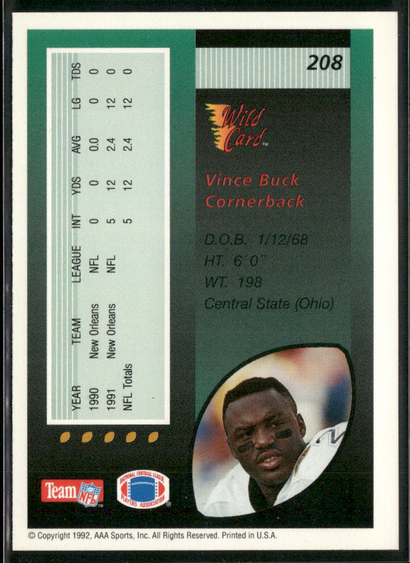 Vince Buck 1992 Wild Card #208 New Orleans Saints