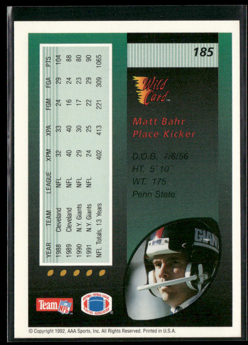 Matt Bahr 1992 Wild Card #185 New York Giants